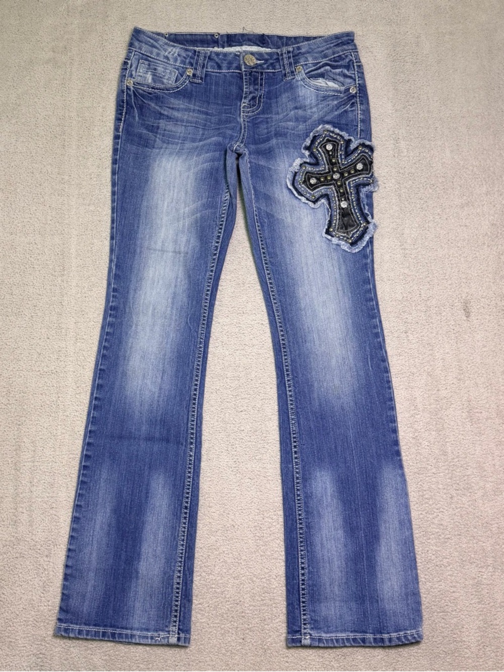 Premiere By Rue 21 Jeans Women’s 7/8 Slim Bootcut Embellished Cross Patch Y2K